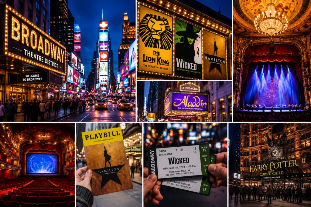 Best Broadway Shows 2026 collage featuring top musicals in New York City