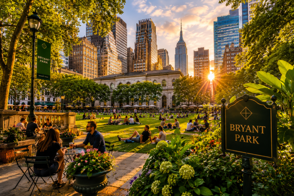 Bryant Park at golden hour surrounded by Midtown Manhattan skyscrapers
