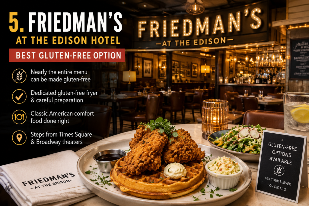 Friedman's at the Edison Hotel in Times Square serving gluten-free fried chicken and waffles, one of the best gluten-free restaurants near Broadway NYC.