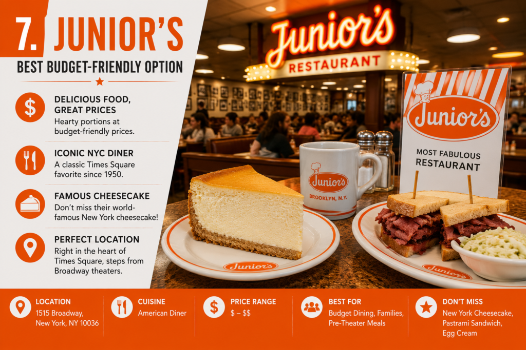 Junior's Restaurant in Times Square serving its famous New York cheesecake and classic American diner food near Broadway.