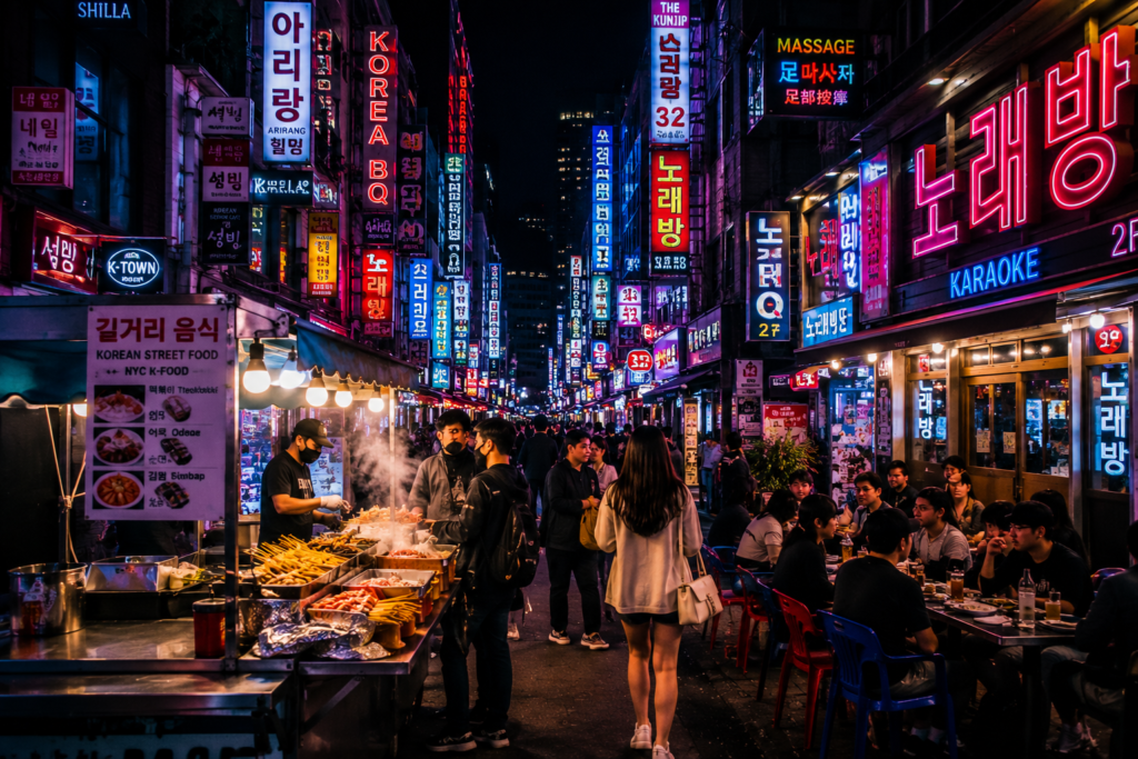 Vibrant Koreatown NYC at night with neon signs and Korean street food
