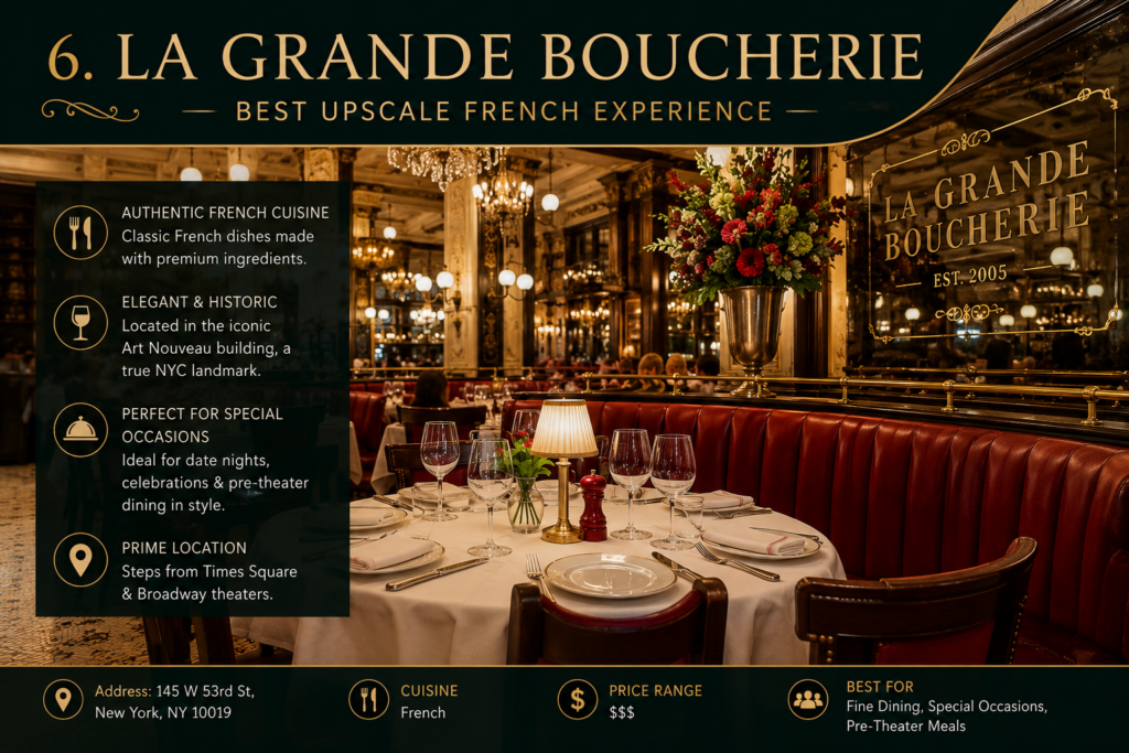 Elegant dining room at La Grande Boucherie, one of the best upscale French restaurants near Times Square and Broadway in New York City.