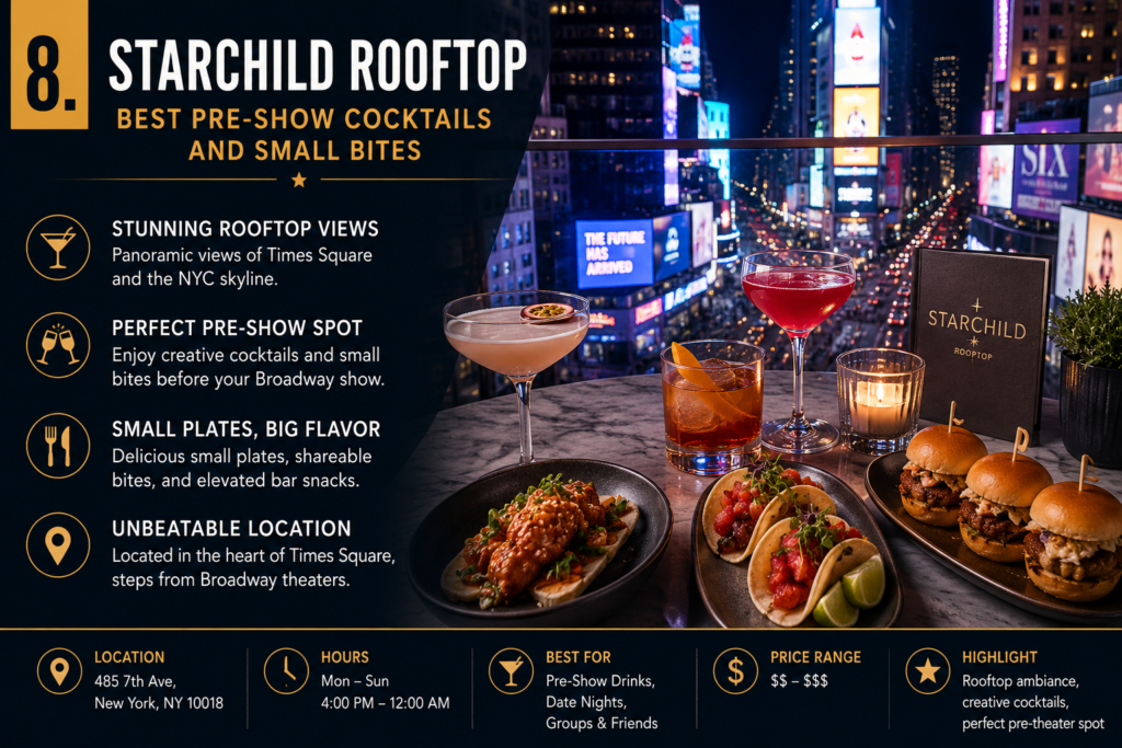 Cocktails and small plates at Starchild Rooftop overlooking Times Square, one of the best rooftop bars near Broadway in NYC.