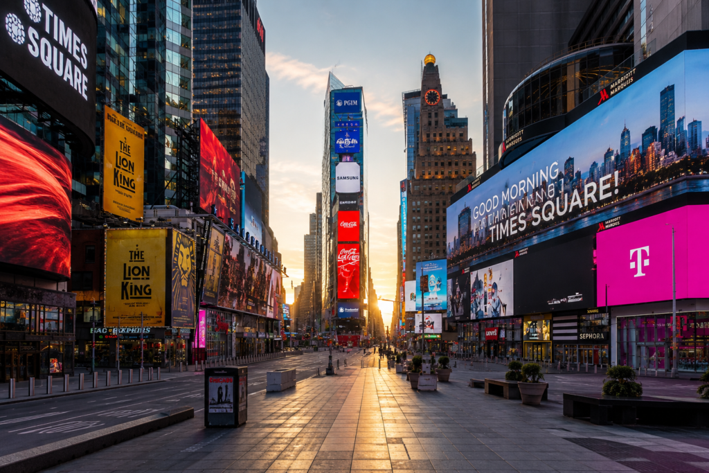 Bright digital billboard lights glowing at Times Square New York during the night in 2026