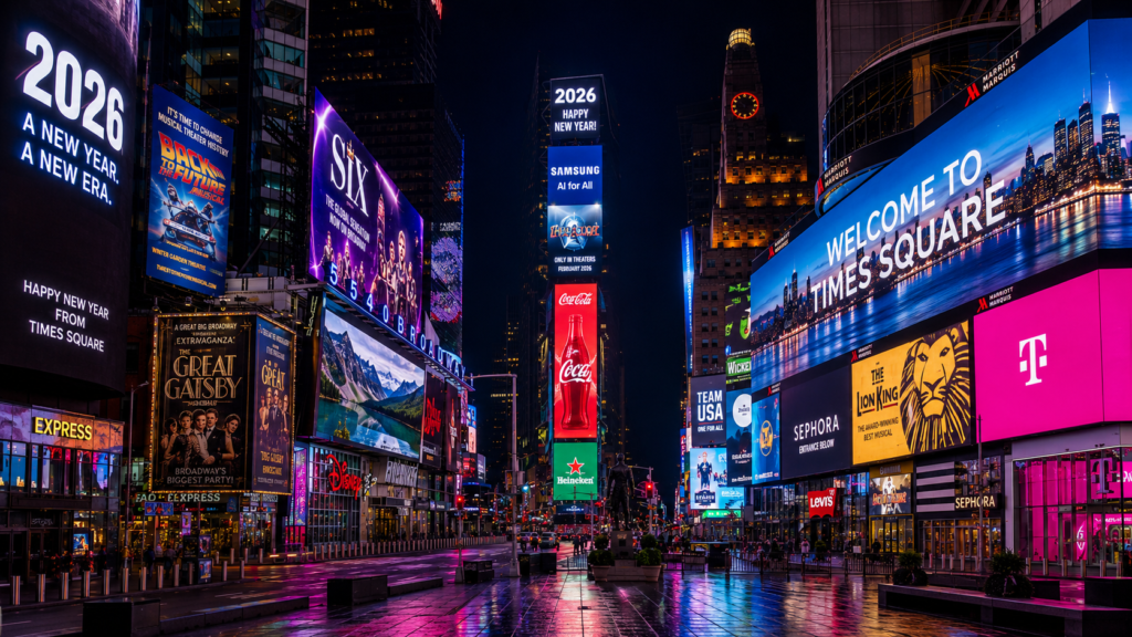 Early morning view of Times Square New York with an empty pedestrian plaza