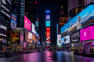 Times Square New York at night with bright digital billboards and an empty pedestrian plaza