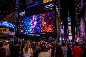 Watch the Midnight Moment digital art display on Times Square billboards at night in New York City