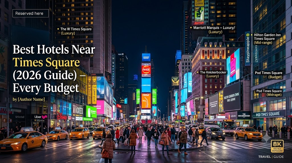 Best Hotels Near Times Square in New York City featuring luxury, mid-range, and budget hotels at night (2026 Guide)
