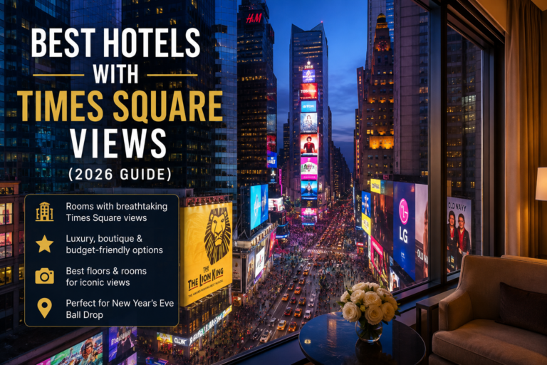 hotels with a view of times square , Best hotels with breathtaking Times Square views in New York City featuring luxury hotel rooms overlooking Times Square at night.