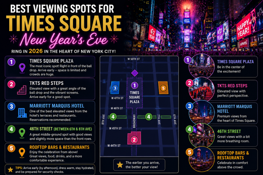 Map and guide showing the best viewing spots for the Times Square New Year's Eve Ball Drop in New York City.