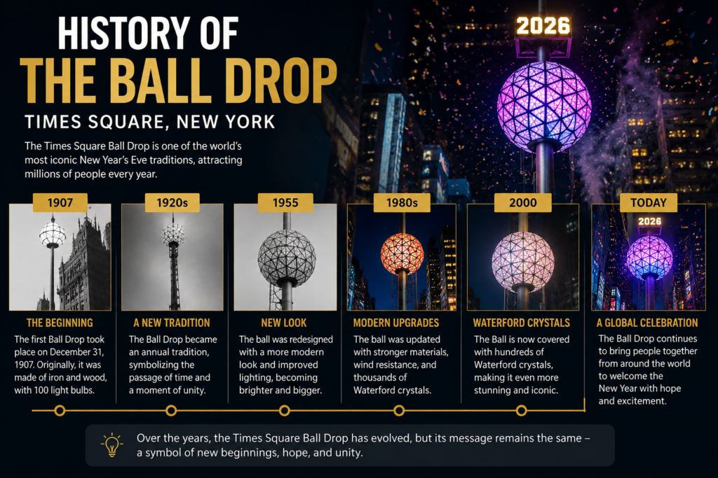 Timeline showing the history of the Times Square Ball Drop in New York City from 1907 to the modern New Year's Eve celebration.