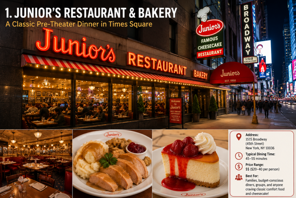 Junior's Restaurant & Bakery in Times Square, New York, serving American comfort food and famous cheesecake before Broadway shows.