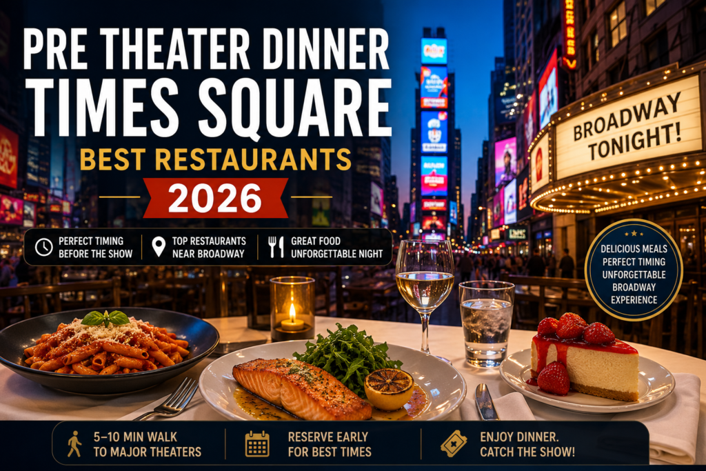 Pre theater dinner in Times Square featuring Broadway restaurants, fine dining, and the best places to eat before a Broadway show in New York City.