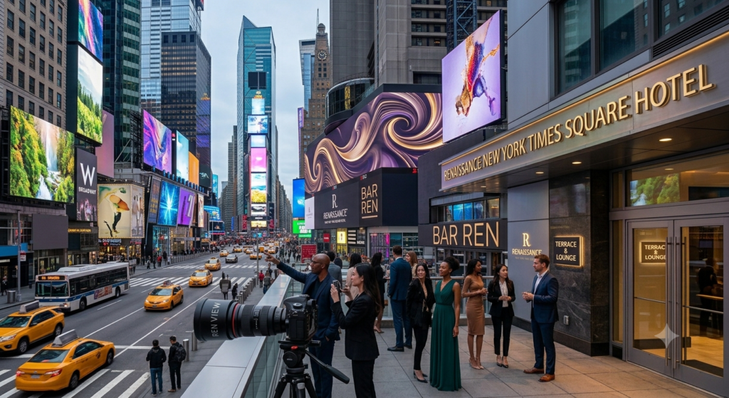 Guests enjoying the terrace view at the Renaissance New York Times Square Hotel overlooking vibrant Broadway billboards and yellow cabs.