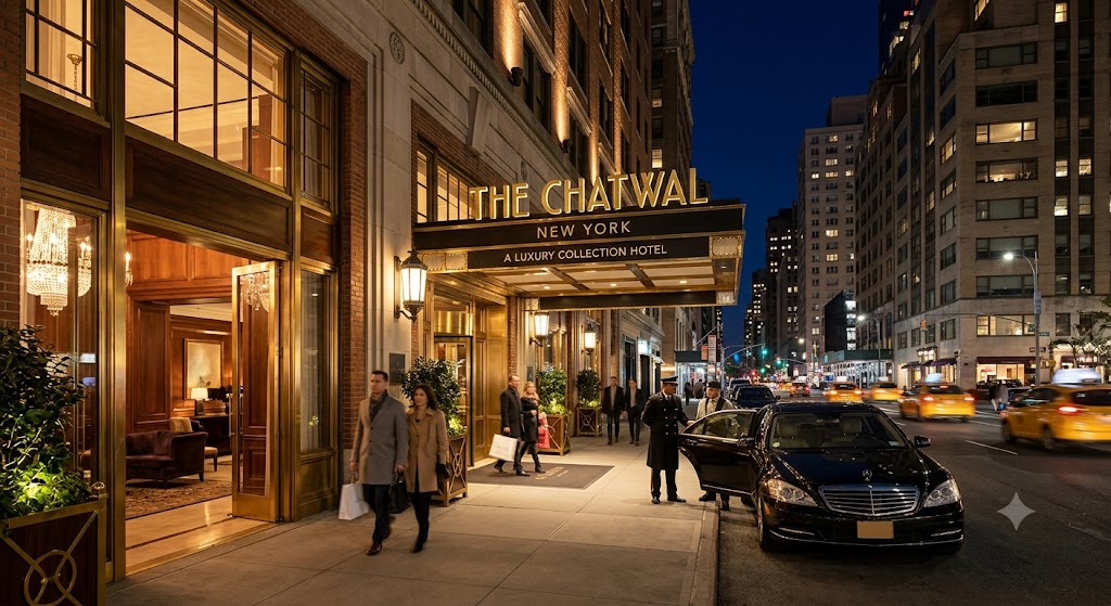 The Chatwal New York luxury hotel entrance near Times Square in Manhattan at night
The Chatwal New York luxury hotel near Times SquareLuxury hotel entrance of The Chatwal New York in Midtown ManhattanThe Chatwal New York hotel exterior at night near BroadwayBest luxury hotel near Times Square New York City