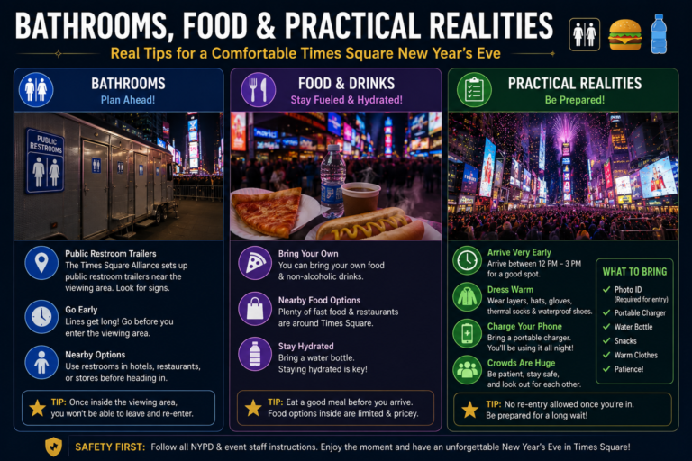 Infographic showing bathrooms, food options, and practical tips for visitors attending the Times Square New Year's Eve Ball Drop in New York City.