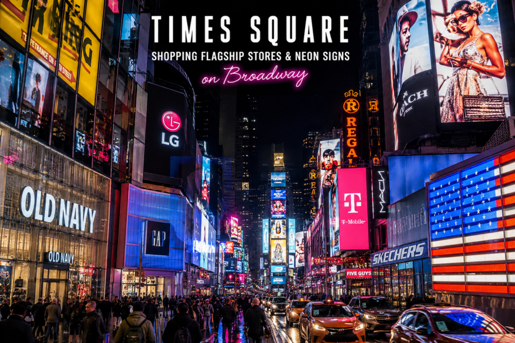 Times Square shopping district at night featuring flagship stores, vibrant neon signs, Broadway billboards, and crowds in Midtown Manhattan, New York City.