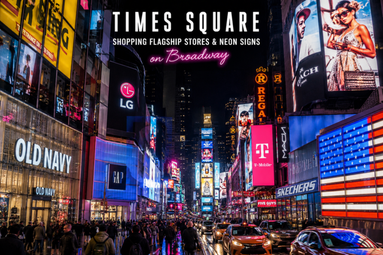 Times Square shopping district at night featuring flagship stores, vibrant neon signs, Broadway billboards, and crowds in Midtown Manhattan, New York City.