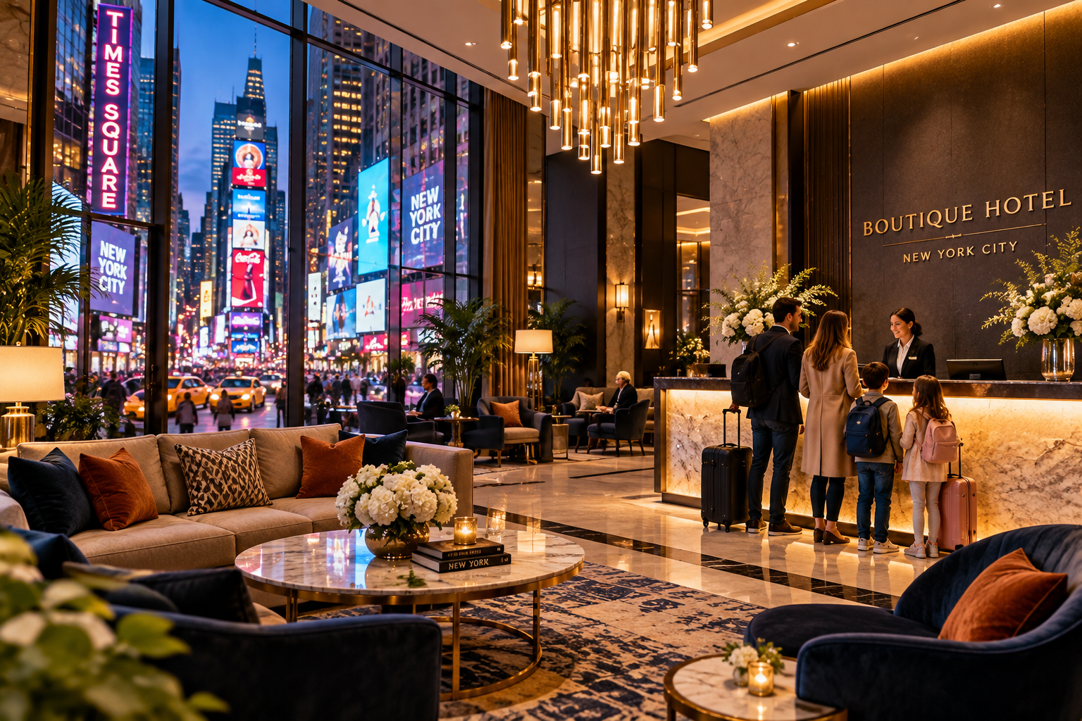 Elegant boutique hotel lobby near Times Square in New York City, featuring luxury seating, a stylish reception desk, and floor-to-ceiling windows.