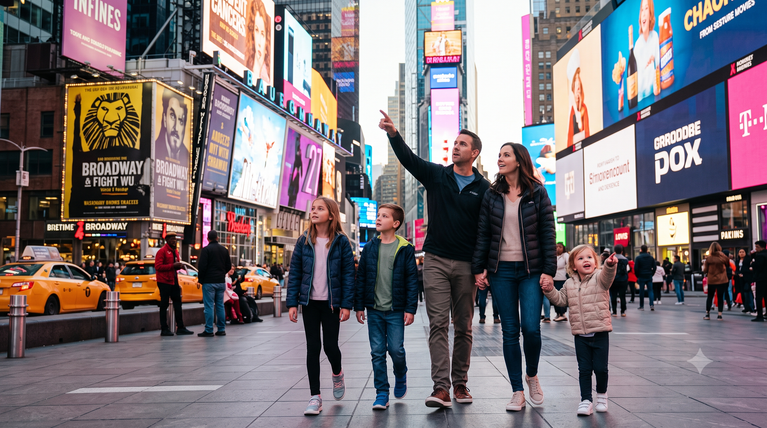Parents and children enjoying a family visit to Times Square in New York City.