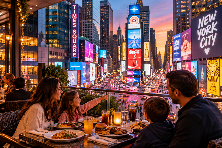 Family dining at a rooftop restaurant overlooking the bright lights of Times Square in New York City at sunset.