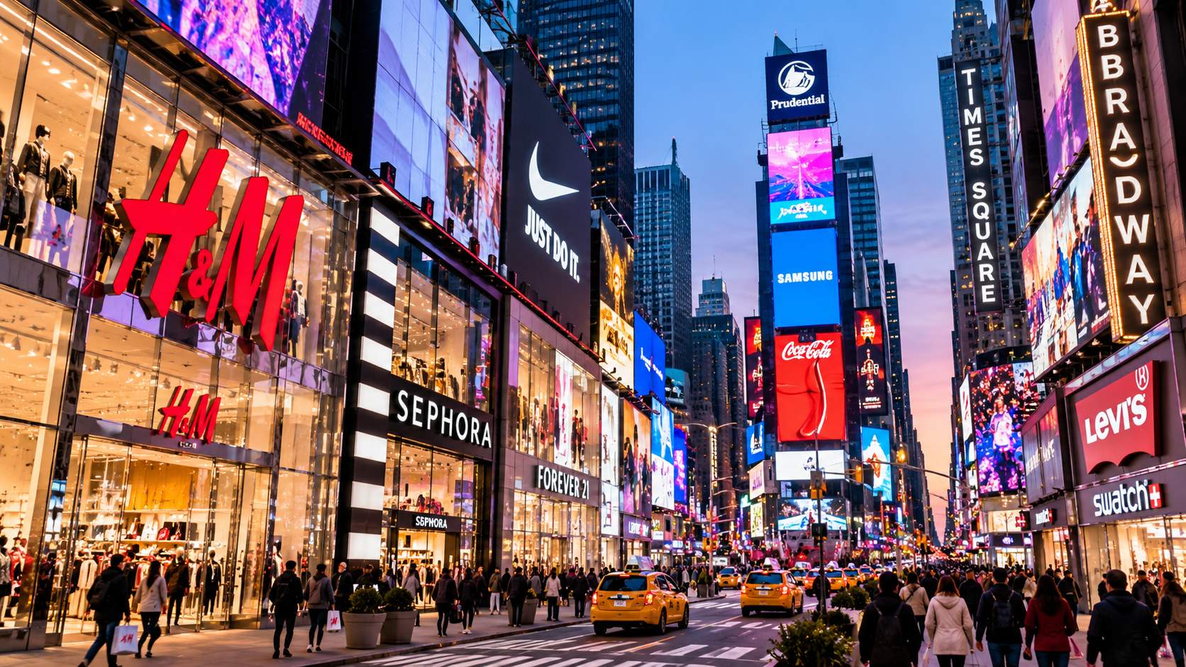Shoppers walking past stores in Times Square on Broadway
