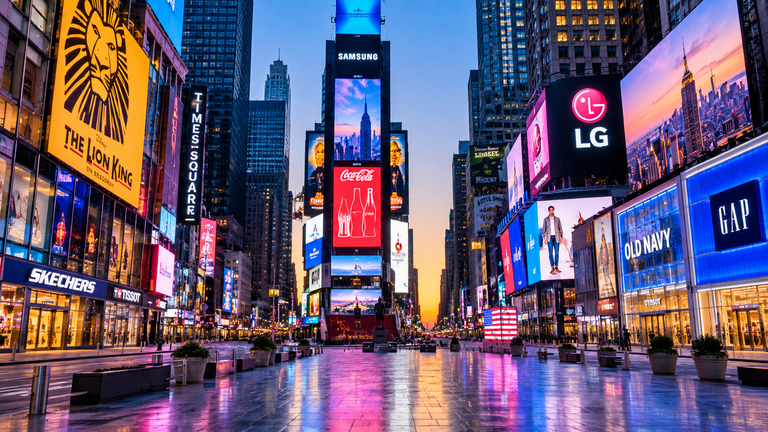 Times Square plaza with few people early on a weekday morning