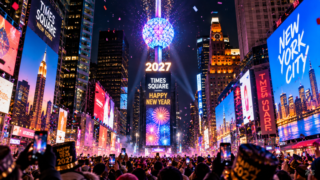 Times Square NYE 2026 Crowd watching the New Year's Eve Ball above One Times Squar